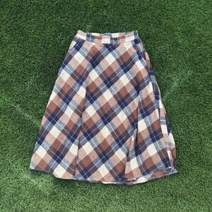 Ebossy Plaid A Line Midi Skirt Women's XL Wool Blend Lined Brown Blue Beige